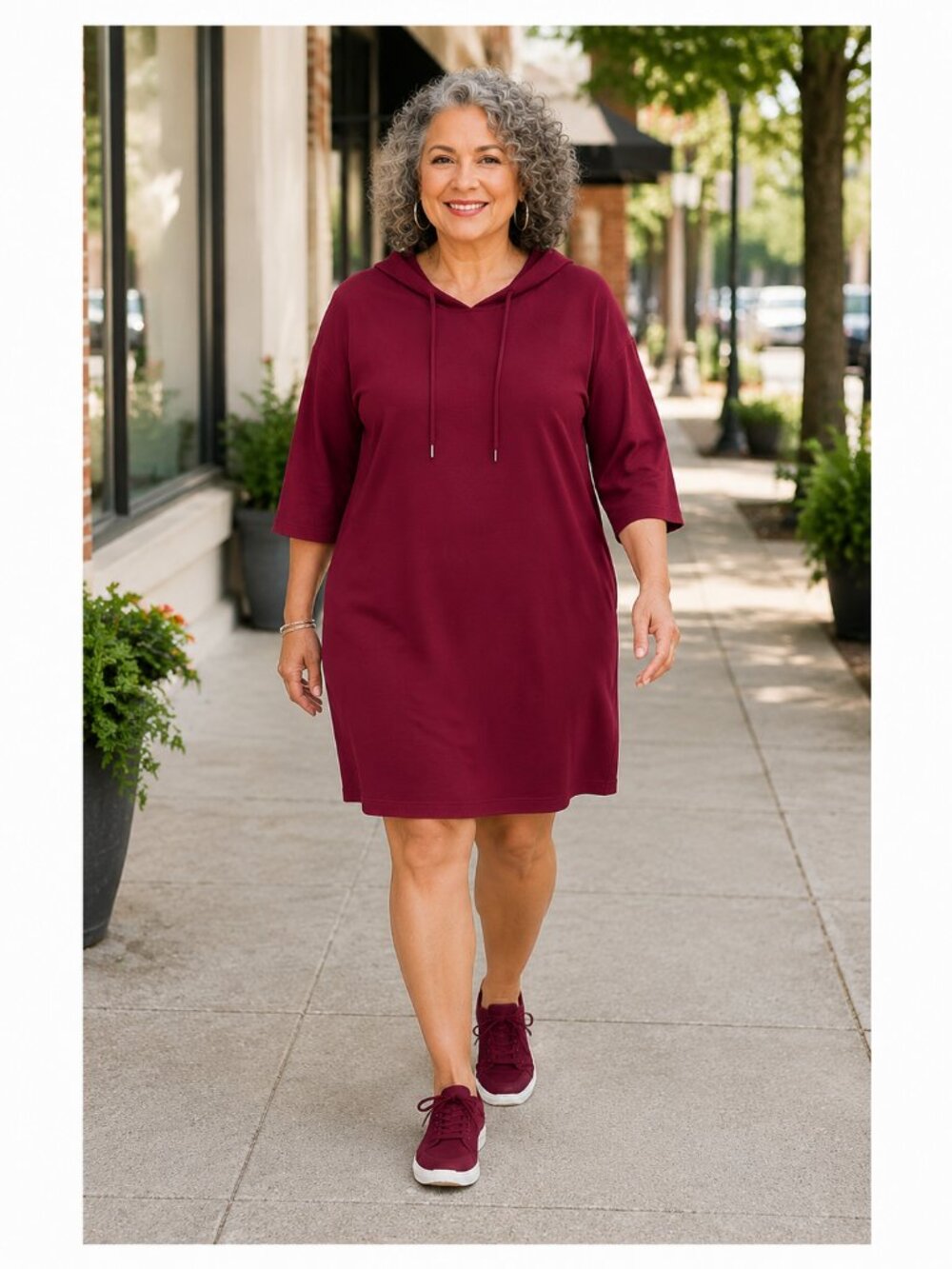 Cynthia Rowley Hooded Knit Dress XL Burgundy 3/4 Sleeve Drawstring Casual Lounge